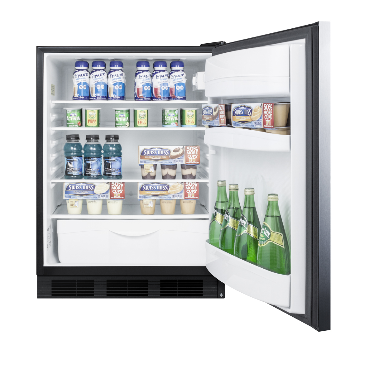 Commercially listed freestanding all-refrigerator for general purpose use, auto defrost w/stainless steel wrapped door, horizontal handle, and black cabinet